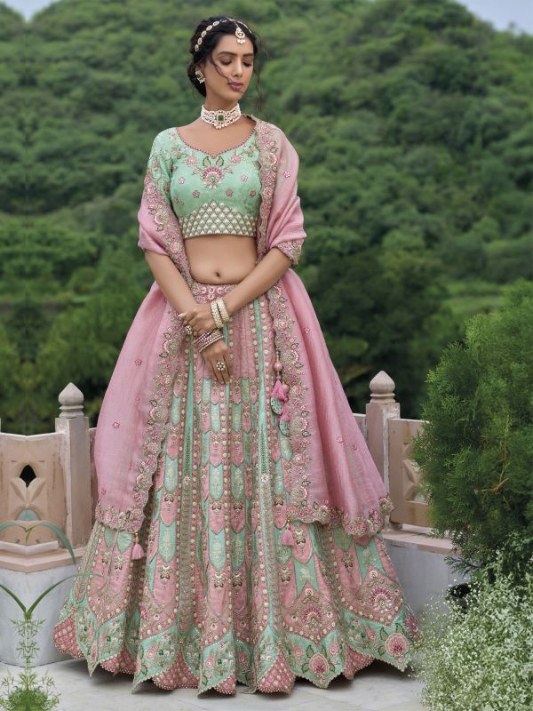 Pink And Turquoise Silk Bridesmaid Lehenga Set