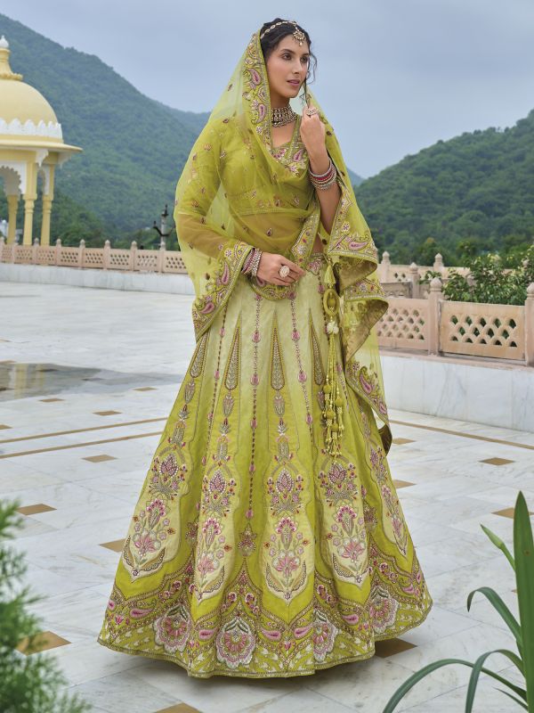 Green Silk Lehenga Set In Stone Embellishment