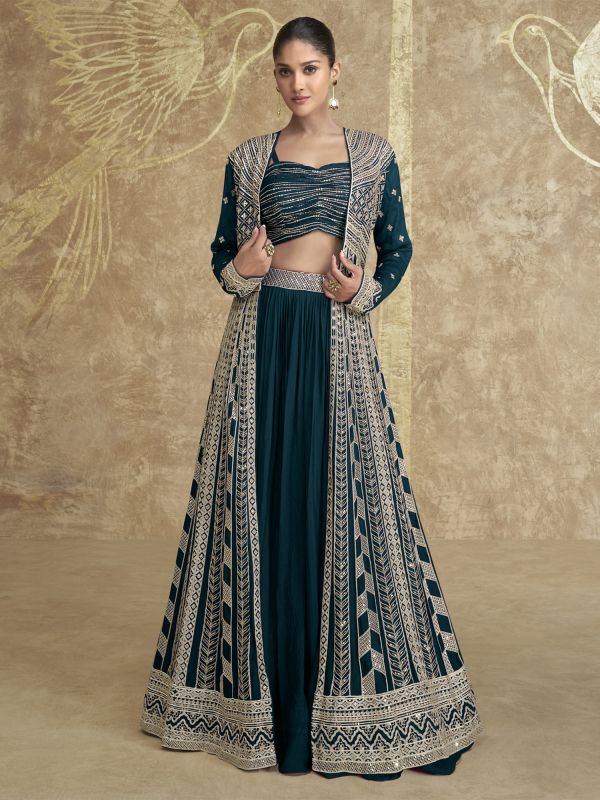 Teal Blue Indo Style Lehenga Choli In Chinon Silk