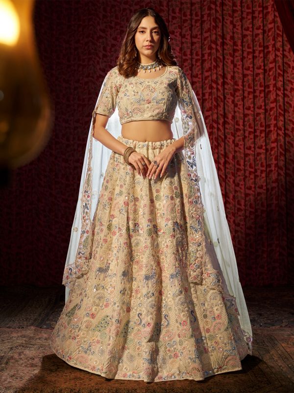 Cream Georgette Lehenga Set In Floral Embeelishment