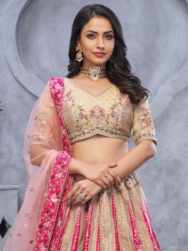 Beige And Pink Traditional Wear Lehenga Choli