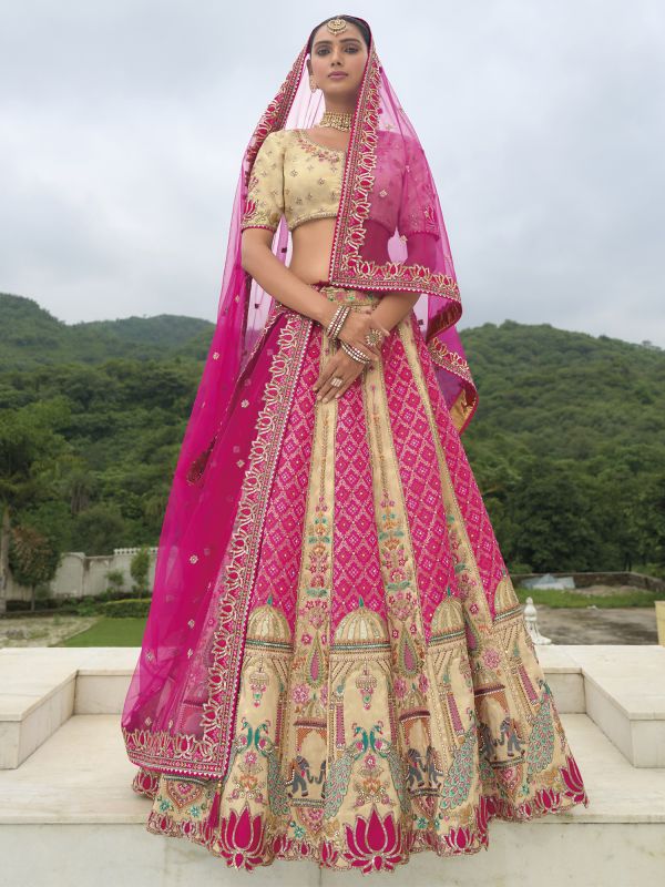 Beige And Pink Designer Lehenga Set In Stone Work