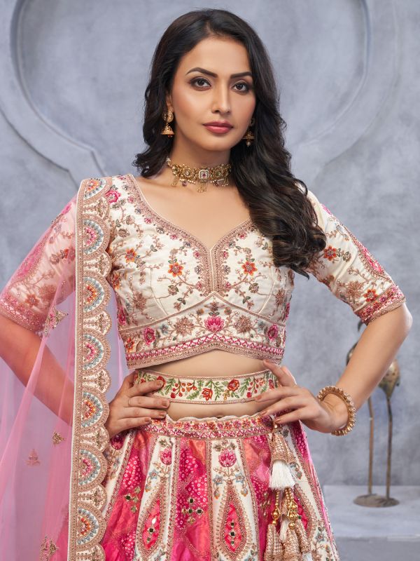 White And Pink Embroidered Traditional Lehenga Set