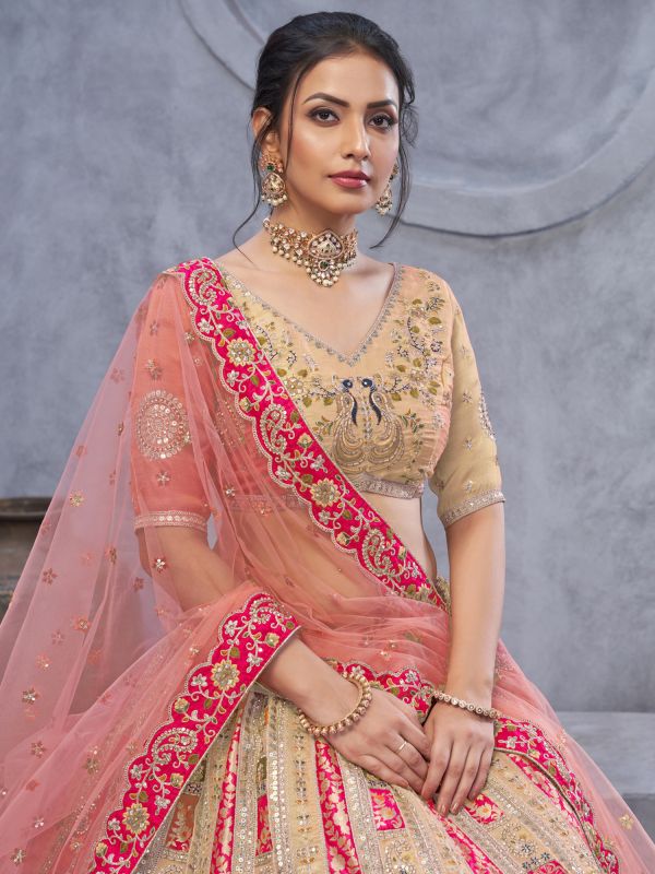 Pink And Beige Traditional Wear Silk Lehenga Set