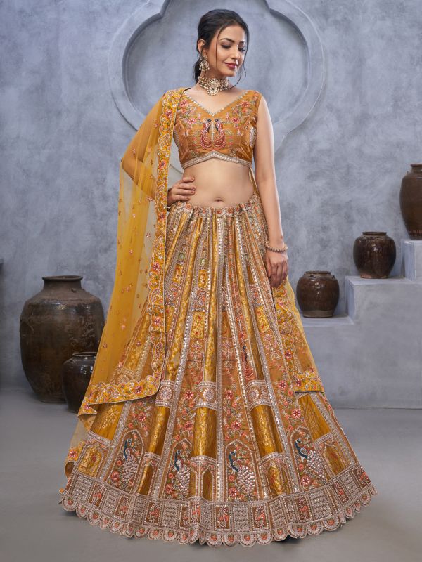 Mustard Yellow Stone Embroidered Lehenga Choli