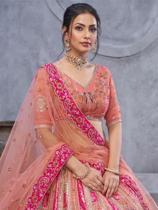 Peach And Pink Silk Lehenga Choli In Zari Weaving