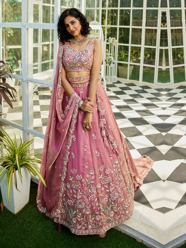 Pink Bridesmaid Silk Lehenga Choli With Dupatta