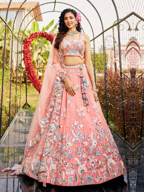 Peach Floral Embroidered Lehenga Set In Silk