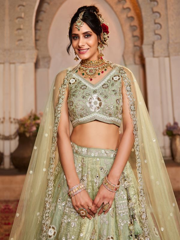 Sage Green Embroidered Lehenga Set With Net Dupatta