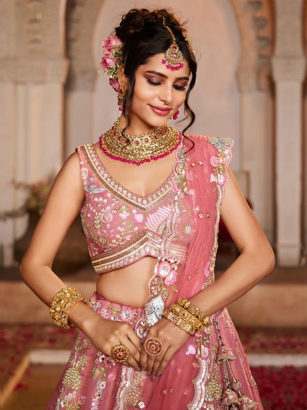 Pink Embroidered Lehenga Set With Dupatta In Net