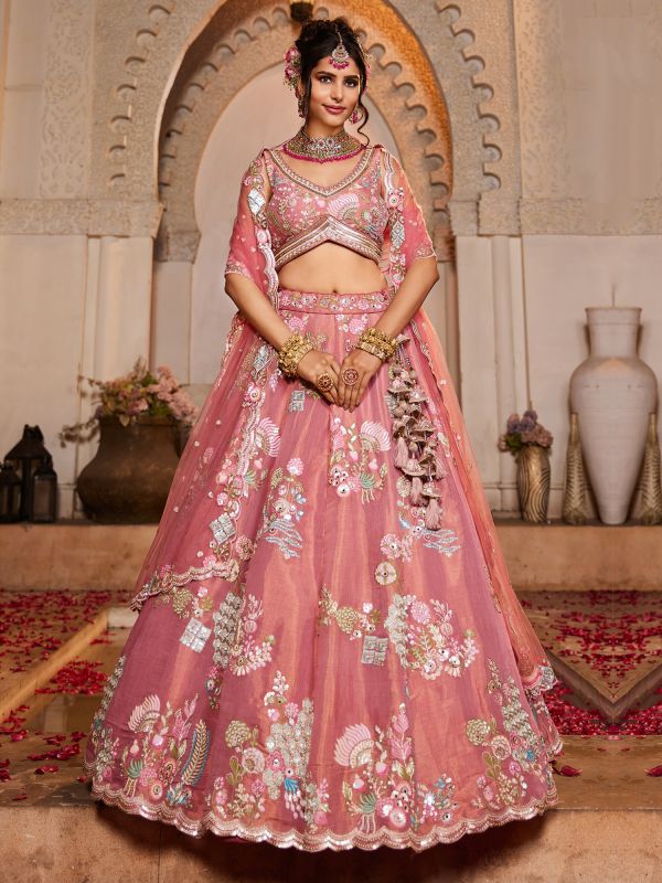 Pink Embroidered Lehenga Set With Dupatta In Net