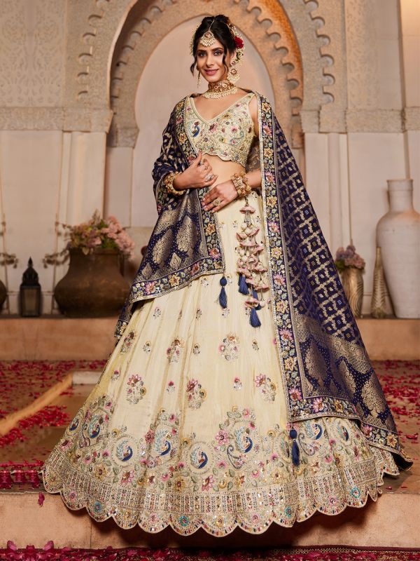 Cream Traditional Lehengas Choli With Dupatta In Rayon