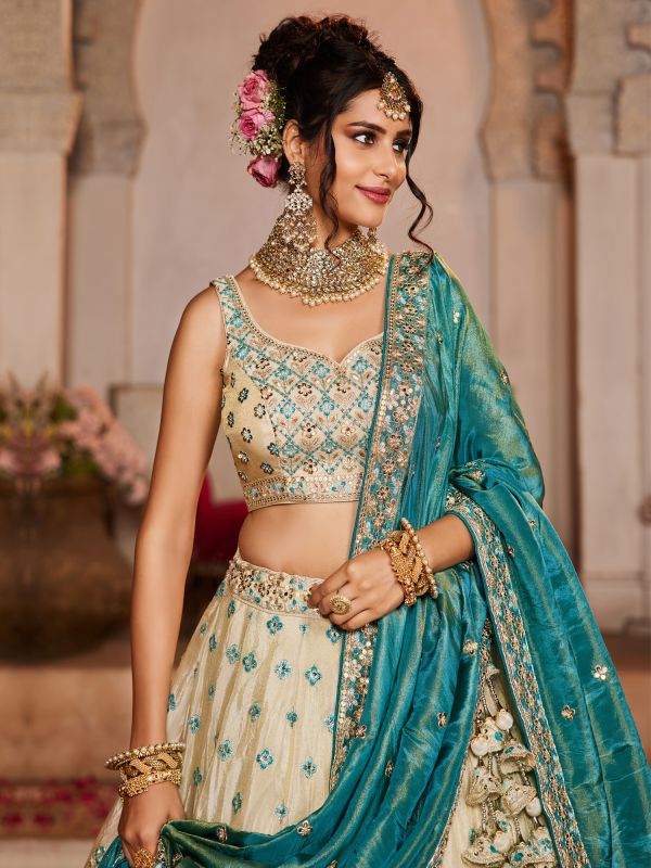 Cream Heavy Embroidered Wedding Lehenga Set