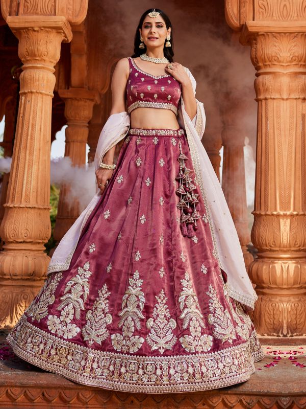 Red Sequins Work Enhanced Lehenga Set In Silk