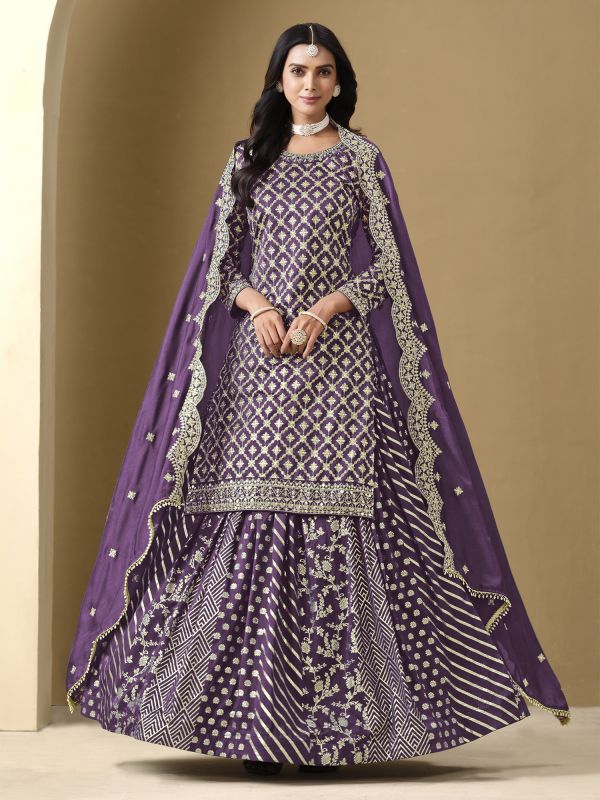 Purple Art Silk Lehenga Choli With Straight Kameez