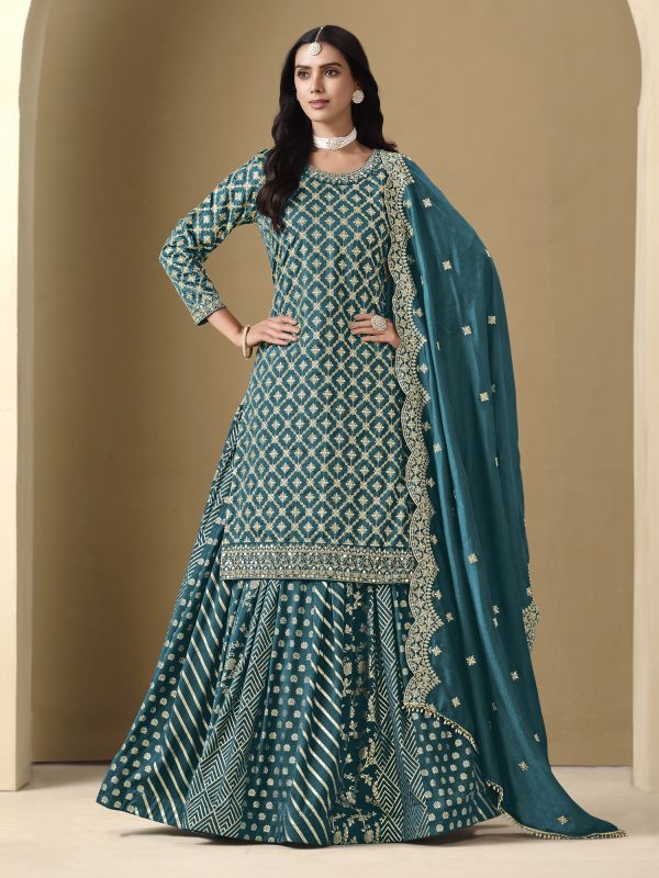 Rama Green Zari Work Indo Style Lehenga Set