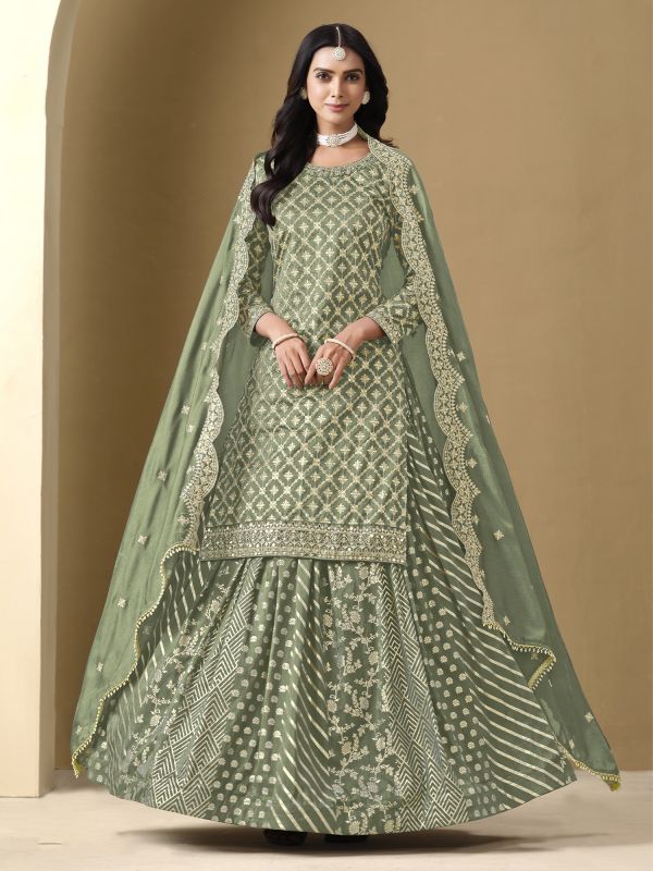 Green Festive Lehenga Set With Long Kameez In Silk