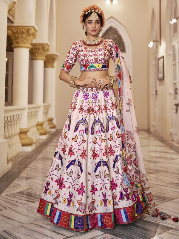 Cream Printed Lehenga Set With Organza Dupatta