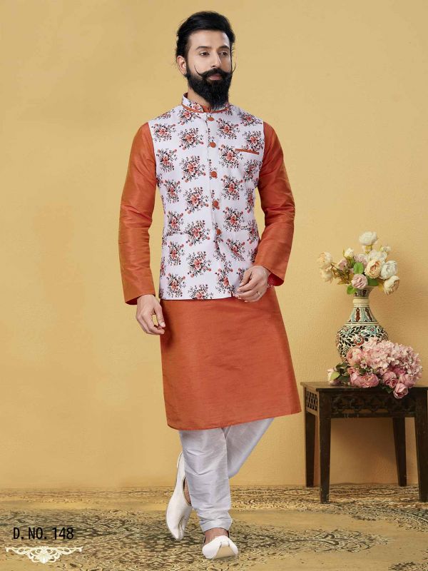 Orange,Off White Colour Designer Kurta Pajama Jacket.