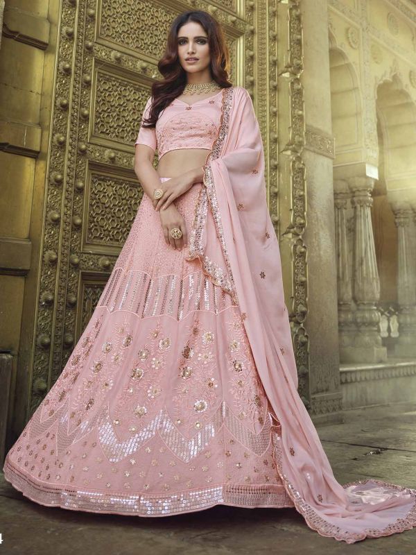 Peach Colour Wedding Lehenga Choli With Sequin,Thread Work.