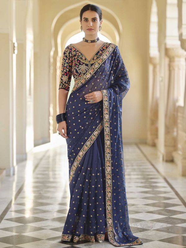 Navy Blue Colour Organza Fabric Party Wear Saree.