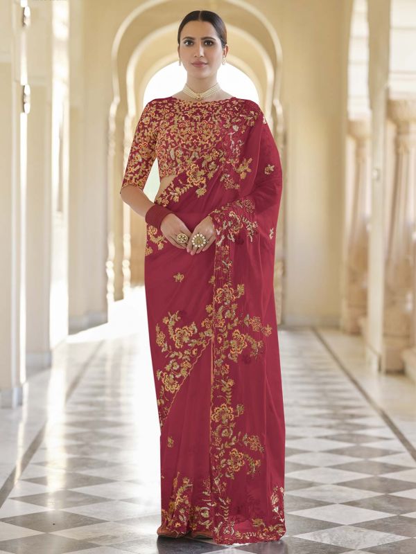 Red Colour Organza Fabric Designer Bridal Saree.