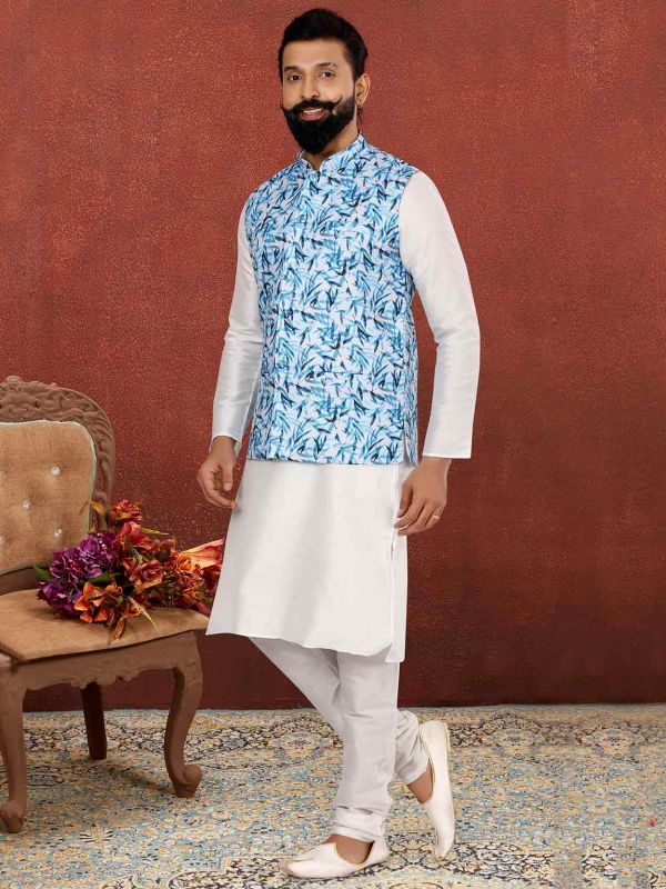 Buy online Blue Printed Kurta Pyjama Set With White Solid Nehru Jacket from  Clothing for Men by Hangup for ₹2169 at 73% off | 2024 Limeroad.com