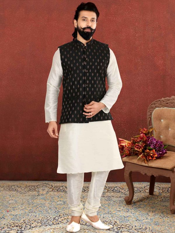 Elegant White Kurta Set with Green Nehru Jacket