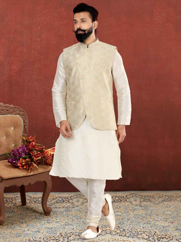 Silk Blend Cream White Kurta Jacket Set, Machine Wash, Size: 38 at Rs 1300  in Mumbai