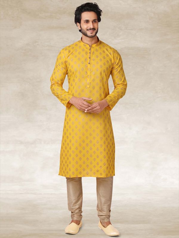 Yellow Colour Cotton Fabric Designer Kurta Pajama.