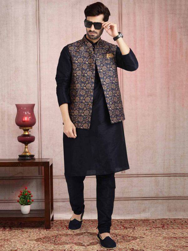 Buy Black Handloom Silk Embroidered And Embellished Thread Jacket Kurta Set For  Men by Soniya G Online at Aza Fashions.