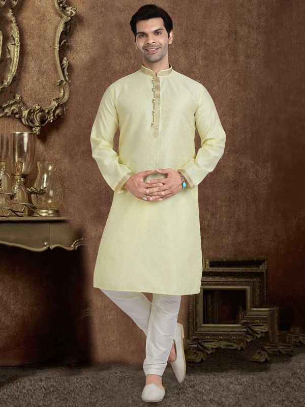 Light Yellow Colour Jacquard Silk Fabric Mens Kurta Pajama.