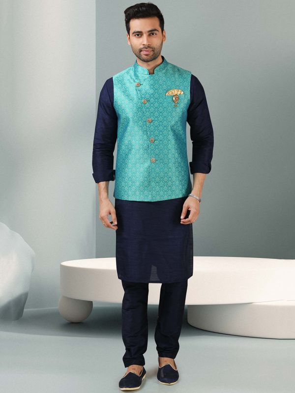 Handmade Elegant Jodhpuri Blue Kurta Pajama Nehru Modi Jacket Set | Fr –  Desioz