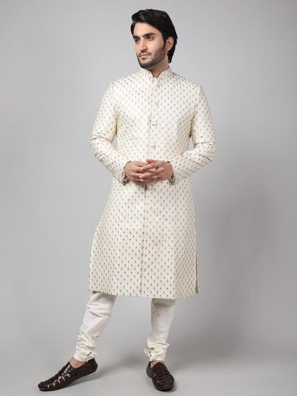 Cream Colour Cotton Silk Fabric Indian Wedding Sherwani.