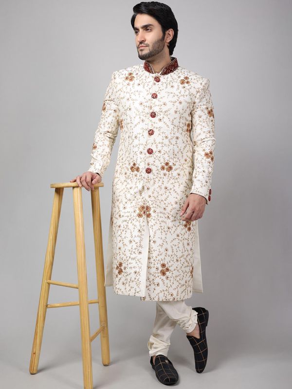 Off White Colour Cotton Silk Fabric Groom Sherwani.