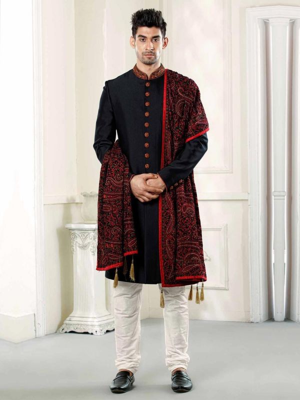 Buy designer sherwani in Black Colour with Embroidered Shawl