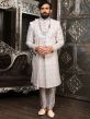 White Groom Mirror Work Sherwani In Silk