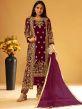 Wine Colour Party Wear Salwar Suit in Net Fabric.