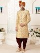 Brocade Fabric Mens Wedding Sherwani Cream,Golden Colour.