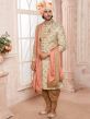 Cream,Green Colour Silk Fabric Groom Sherwani.