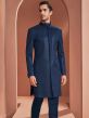 Blue Sequined Readymade Silk Indowestern For Men