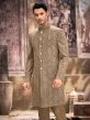 Green Thread Embroidered Silk Indo Western For Men