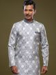 Blue Woven Indo Western Sherwani In Banarasi Silk