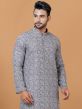 Grey Digital Printed Kurta Pyjama In Cotton