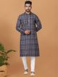 Dark Blue Floral Kurta Pyjama In Cotton