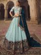 Blue Mirror Work Festive Lehenga Set In Rayon