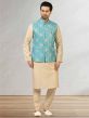 Turquoise,Cream Colour Jacquard,Banarasi Silk Fabric Kurta Pajama Jacket.