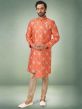 Orange Colour Jacquard,Brocade Silk Fabric Mens Kurta Pajama.