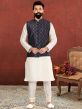 Off White,Black Colour Jacquard,Dupion Silk Fabric Mens Kurta Jacket.