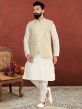 Cream,Off White Colour Jacquard,Dupion Silk Fabric Mens Kurta Pajama Jacket.